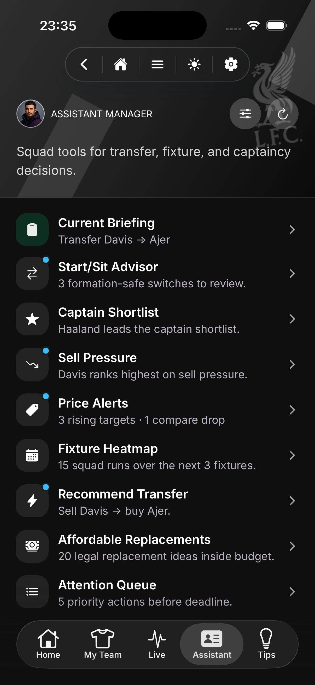 Meta FPL assistant screen showing fantasy football recommendations.