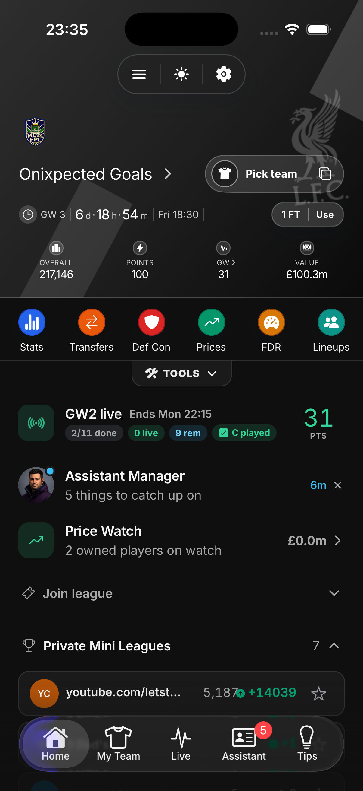 Meta FPL mobile app home screen showing deadline, team summary, and mini leagues.