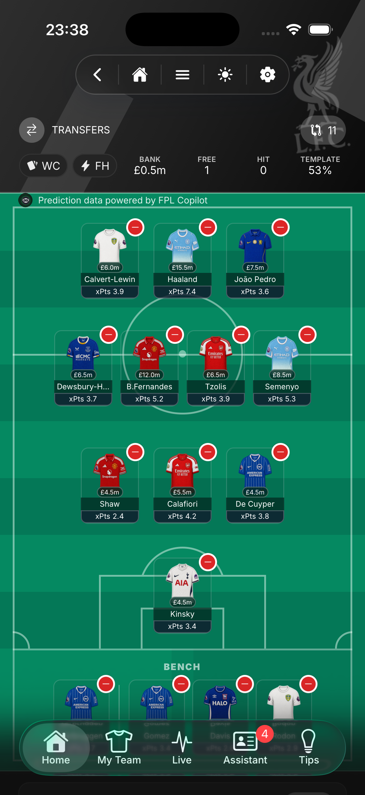 Meta FPL transfers screen for making fantasy football transfers.